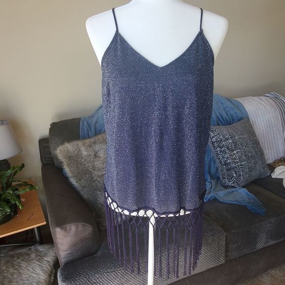Skies are Blue glitter navy fringe tanktop L - Picture 3 of 16
